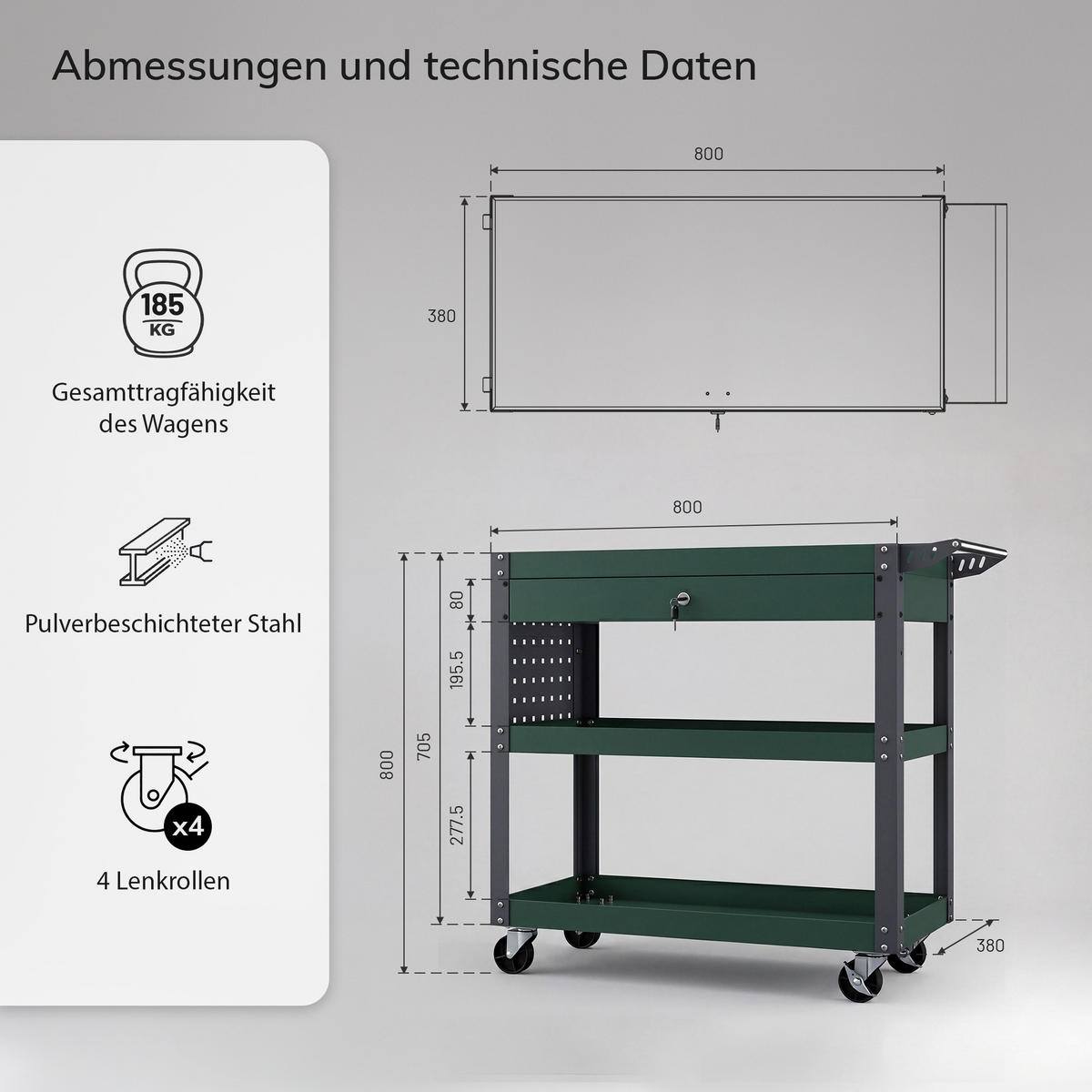 WERKSTATT-WERKZEUGWAGEN FRED 80x80x38 cm - Grün, Metall (80/80/38cm)