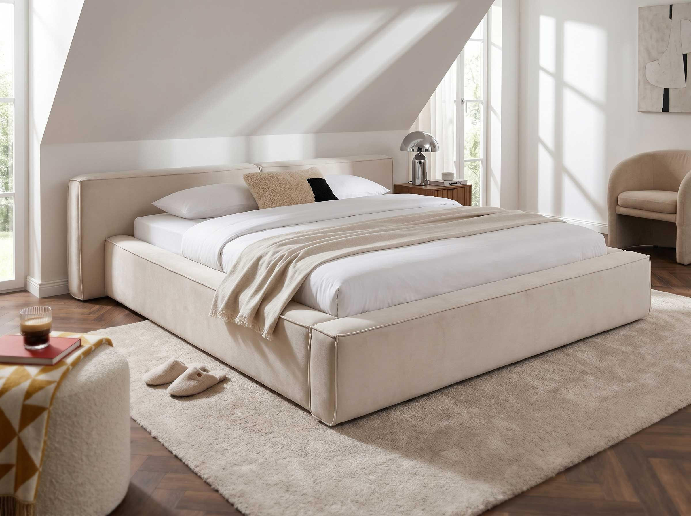 POLSTERBETT Jodie XL Low Beige 180/200 cm Samt mit Bettkasten - Beige, Textil/Metall (180/200cm) - wonello