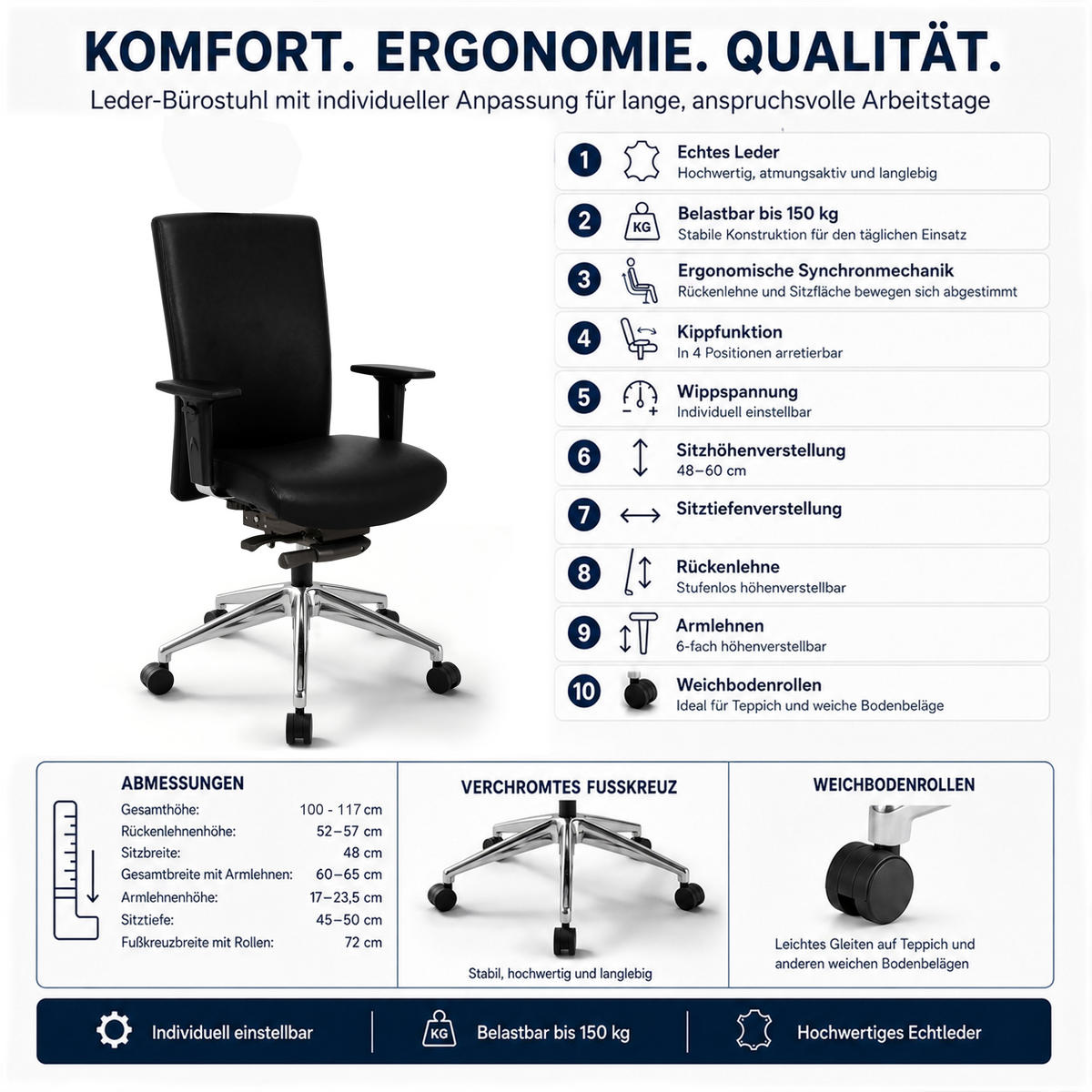 BÜROSTUHL Terox Echtleder Schwarz - ergonomisch, 150 kg belastbar, Sitzhöhe 54-66cm - Schwarz, Leder/Kunststoff (65/106/60cm) - Versee