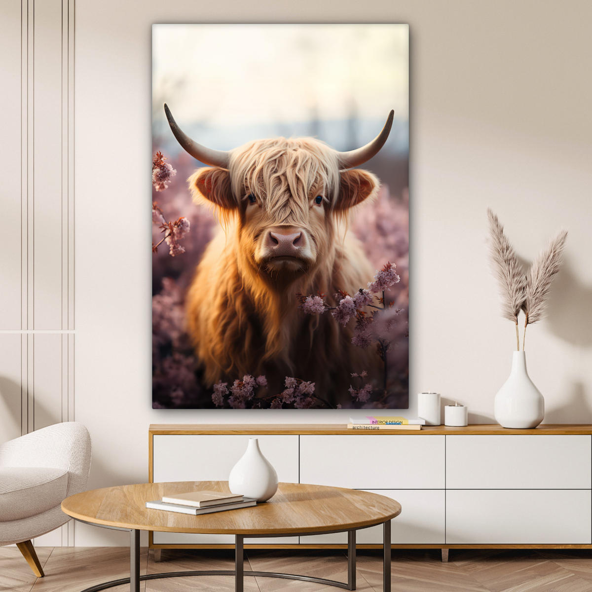 LEINWANDBILD - Schottischer Hochländer - Frühling - Hochland - 80x120 - Wanddeko - Hellrosa, Textil (80/120cm) - MuchoWow