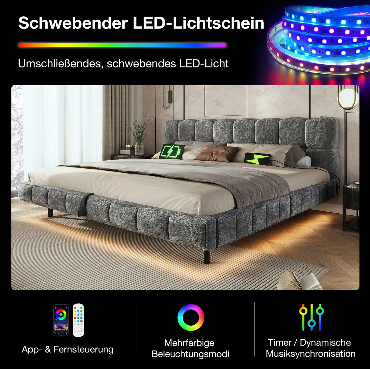 POLSTERBETT aus Chenille 140x190 cm Grau mit Bettkasten, LED und USB-/Typ-C-Anschlüssen - Grau, Textil (140/190cm) - Modfu