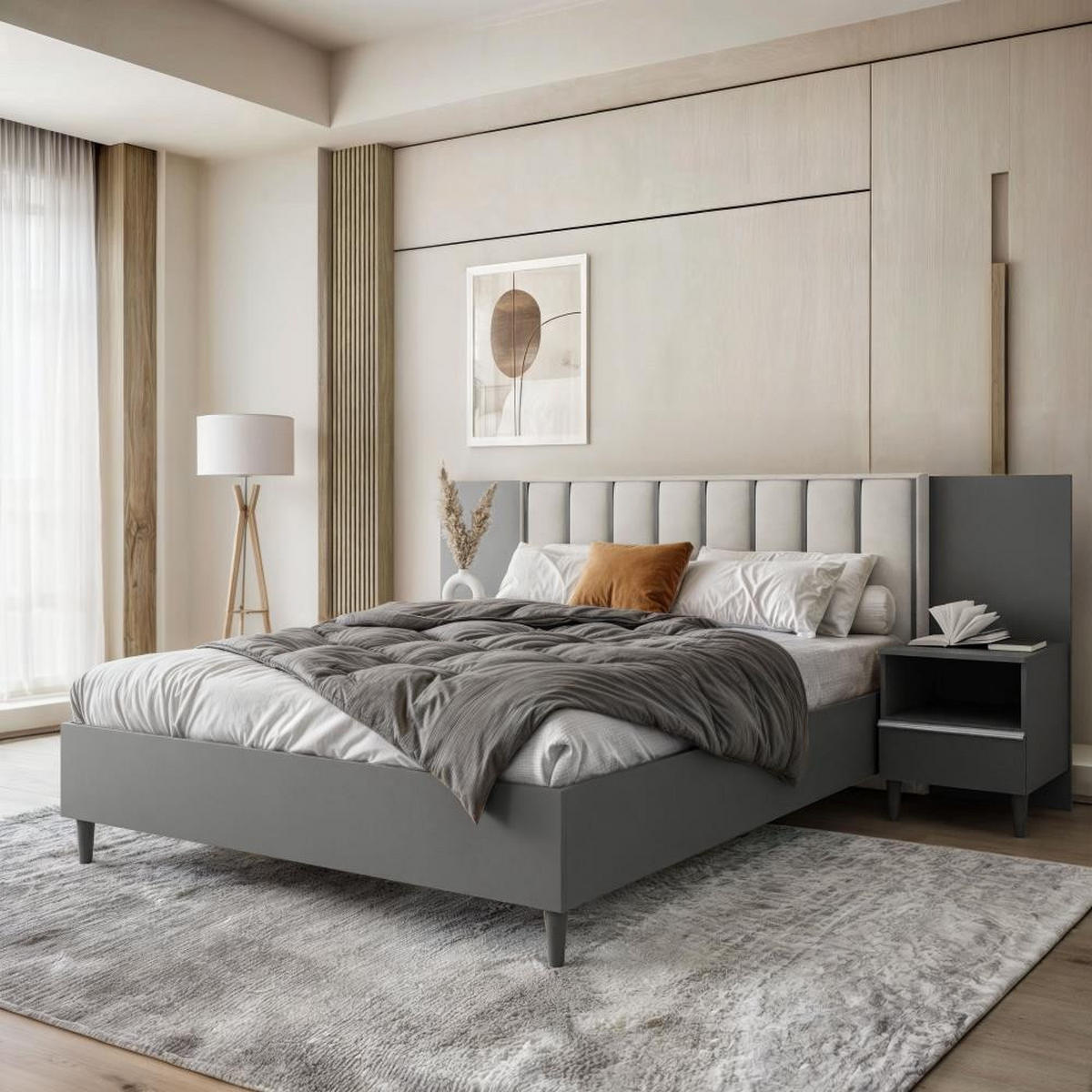 POLSTERBETT Stella 166/211/108 mit 1 Nachttisch beige - Beige/Graphitfarben, Holzwerkstoff/Textil (160/200cm) - Beautysofa