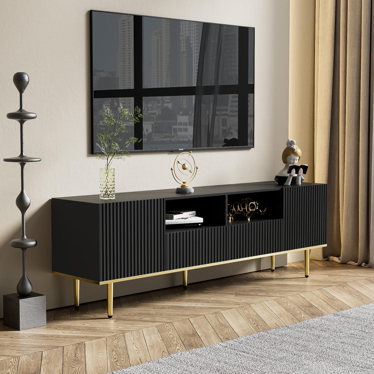 TV Lowboard goldene Füße, Stauraum, Schwarz - Schwarz, Holz (165/55/36cm)