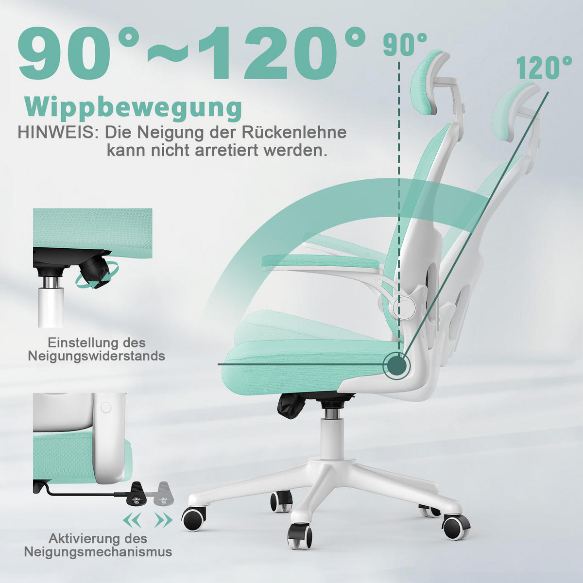 BÜROSTUHL ergonomisch, höhenverstellbar, klappbare Armlehnen, Kopfstütze – Grün - Grün, Metall (50.5/134/52cm) - Rattantree