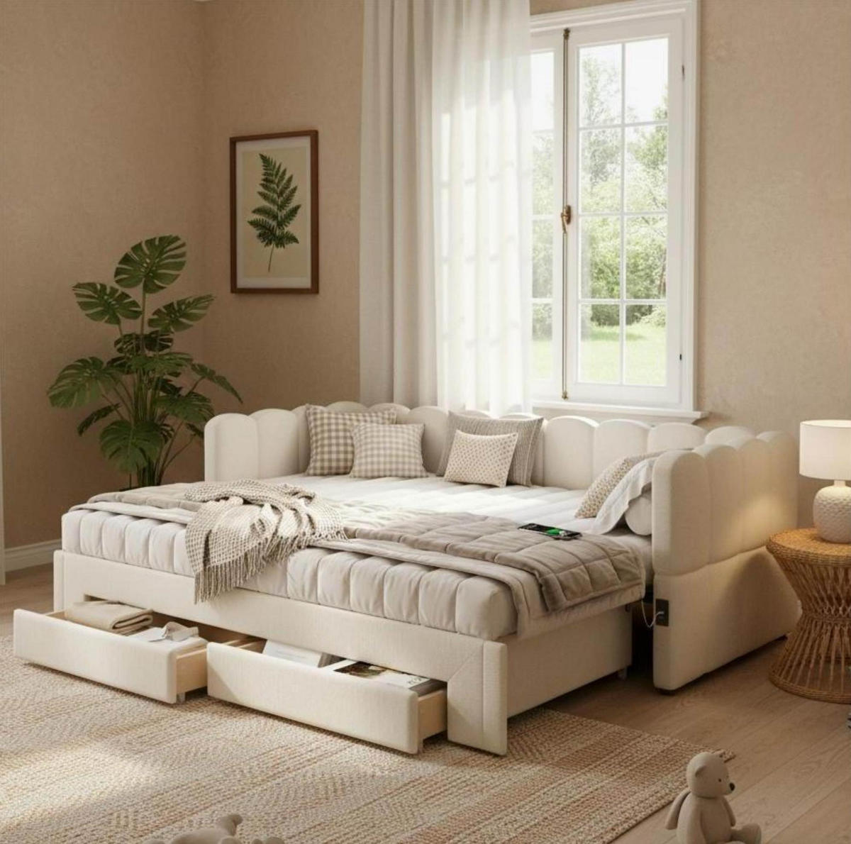 POLSTERBETT aus Leinen 90x200 cm in Beige mit Ausziehfunktion - Beige, Textil (90/200cm) - Modfu