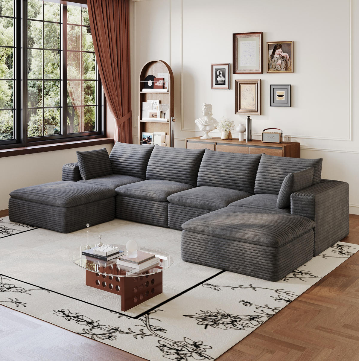 WOHNLANDSCHAFT aus Stoff 340 cm Dunkelgrau mit flexiblem Aufbau und Schaumstoffkomfort - Dunkelgrau, Textil (340/60/160cm) - Modfu