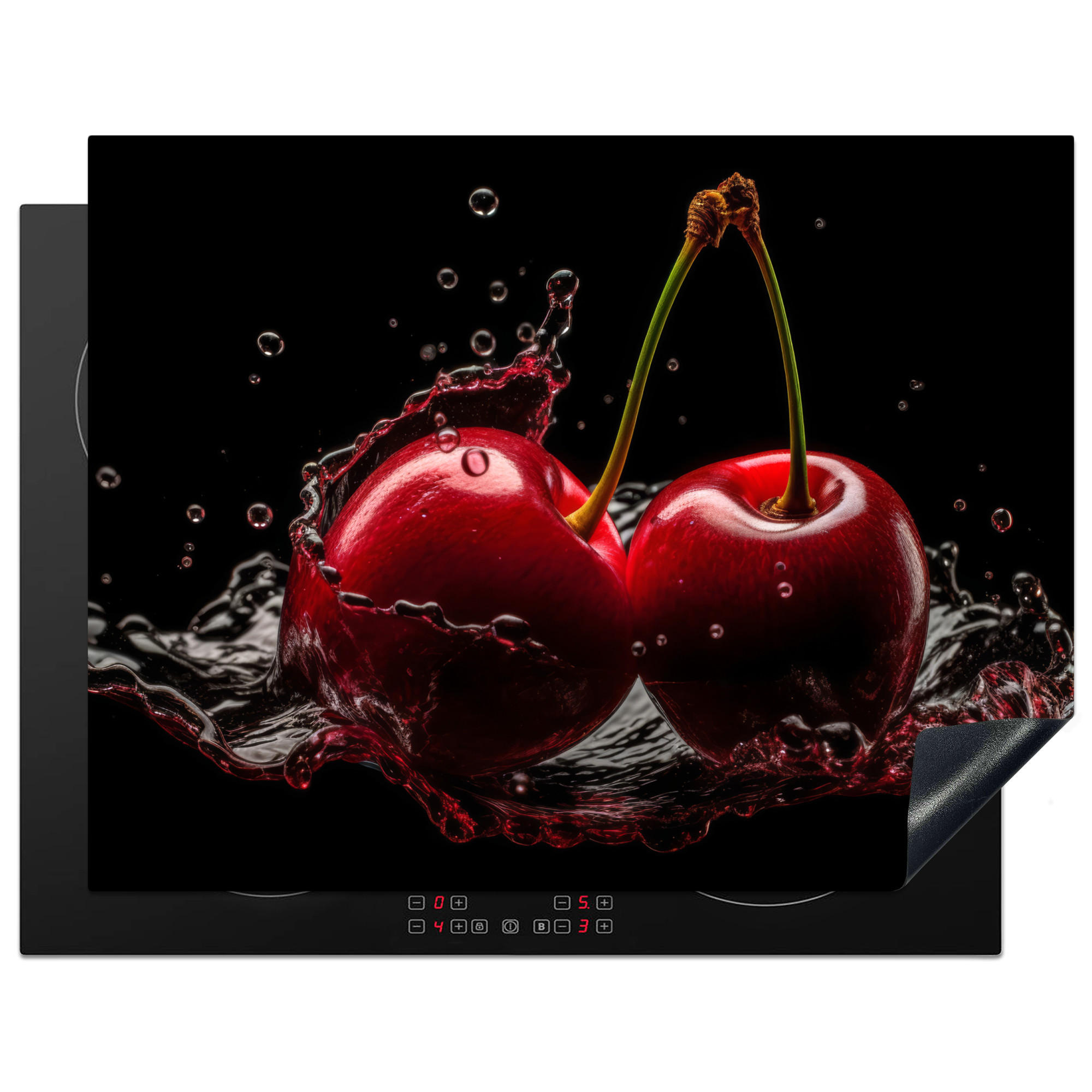 MuchoWow KRYT NA INDUKČNÍ DESKU Třešeň - červená - ovoce - voda - černá 77x59 cm