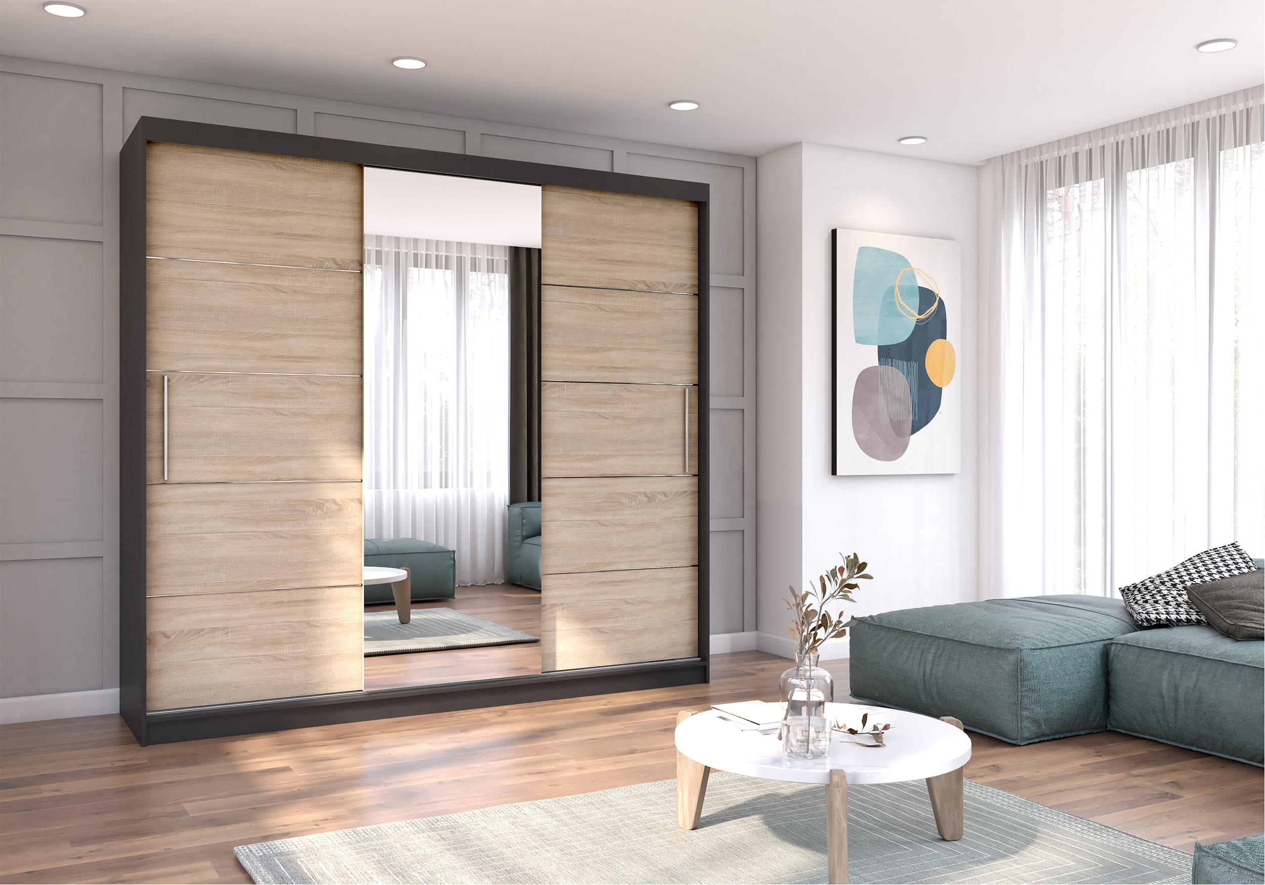 Thumbnail - Möblo Schiebetürenschrank, Schwarz, Sonoma Eiche, Metall, Rechteckig, 233x218x61 cm, Schlafzimmer, Kleiderschränke, Schw...