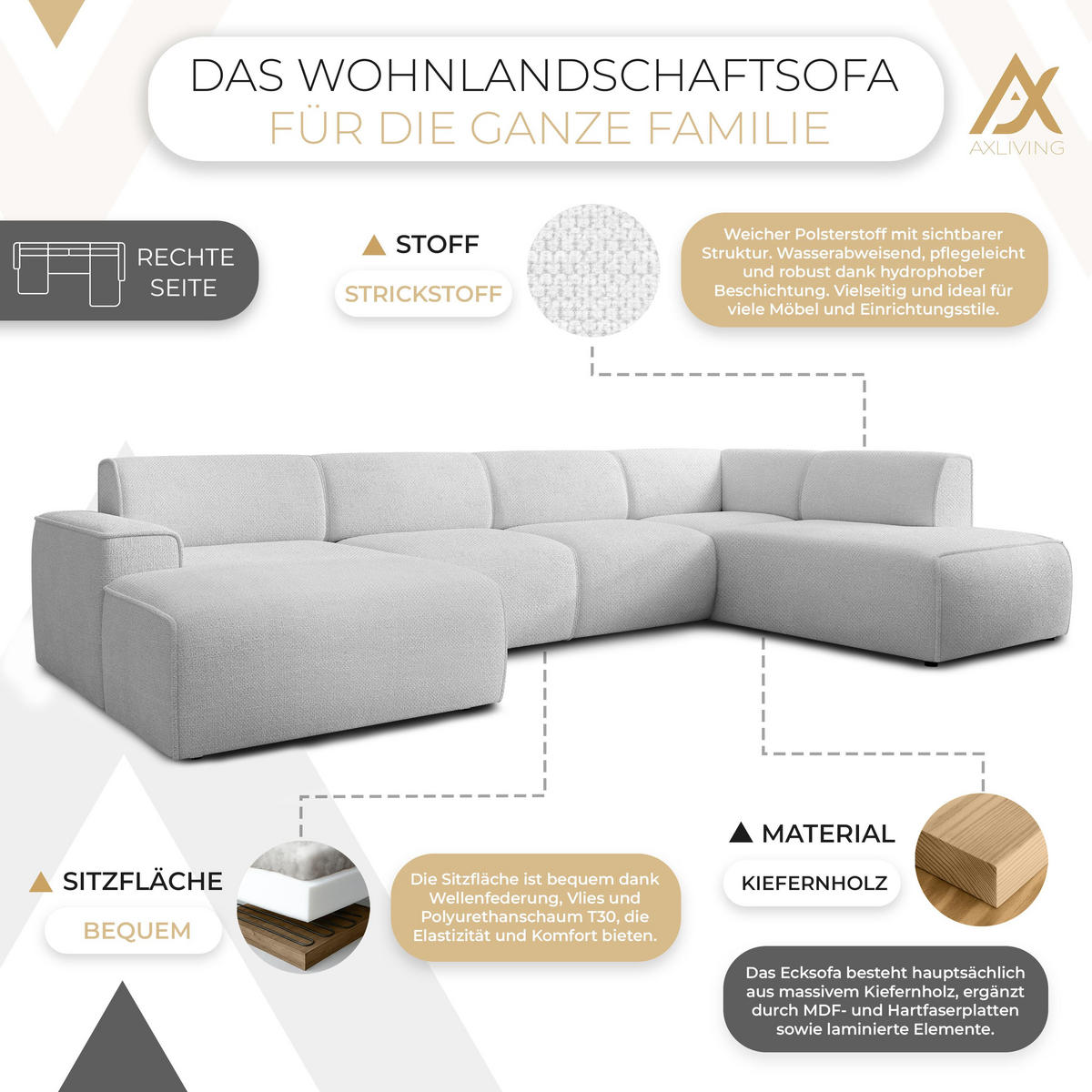 WOHNLANDSCHAFT Didim Ivory 378/220/78 cm – großes Sofa stilvoll & bequem R - Greige/Champagner, Kunststoff/Textil (378/78/220cm) - AX Living