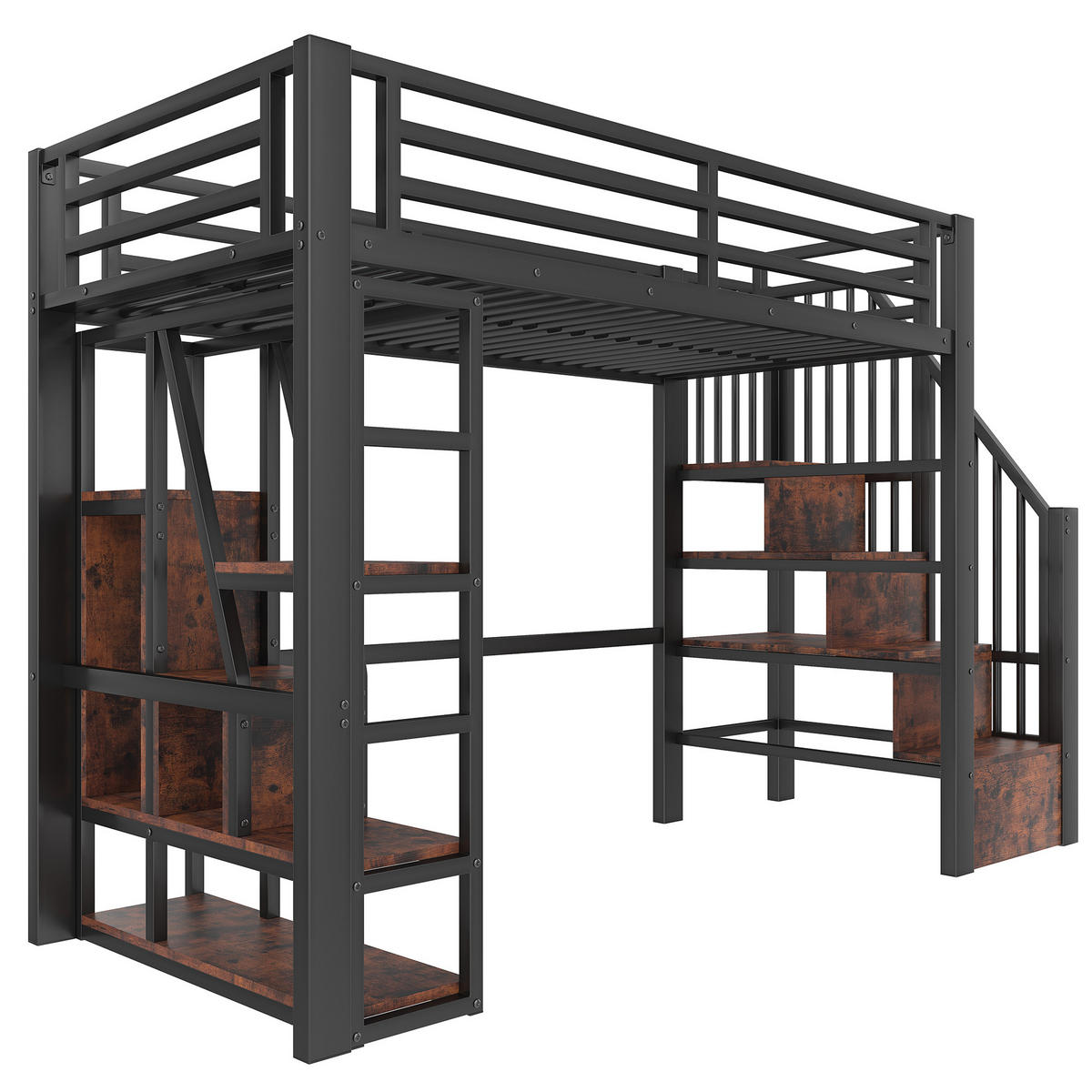 HOCHBETT 254/95,5/160 cm aus Metall und MDF mit LED-Lichtleiste und Stauraumtreppe Schwarz - Schwarz, Holzwerkstoff (90/200cm) - Modenvie