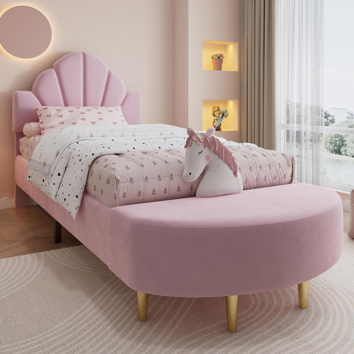 POLSTERBETT 90/200 cm Rosa mit Samtkopfteil und Bettbank - Rosa, Textil (90/200cm) - OKWISH