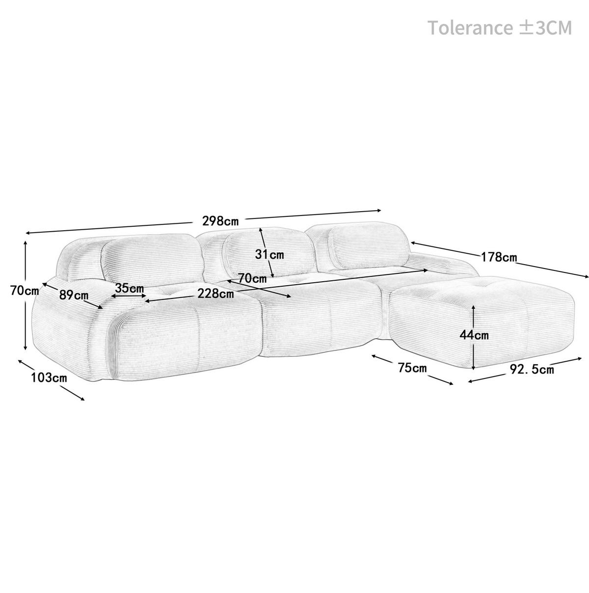 ECKSOFA 298/178/70 cm braun aus Cordstoff montagefrei und ergonomisch - Braun, Textil (178/298cm) - OKWISH