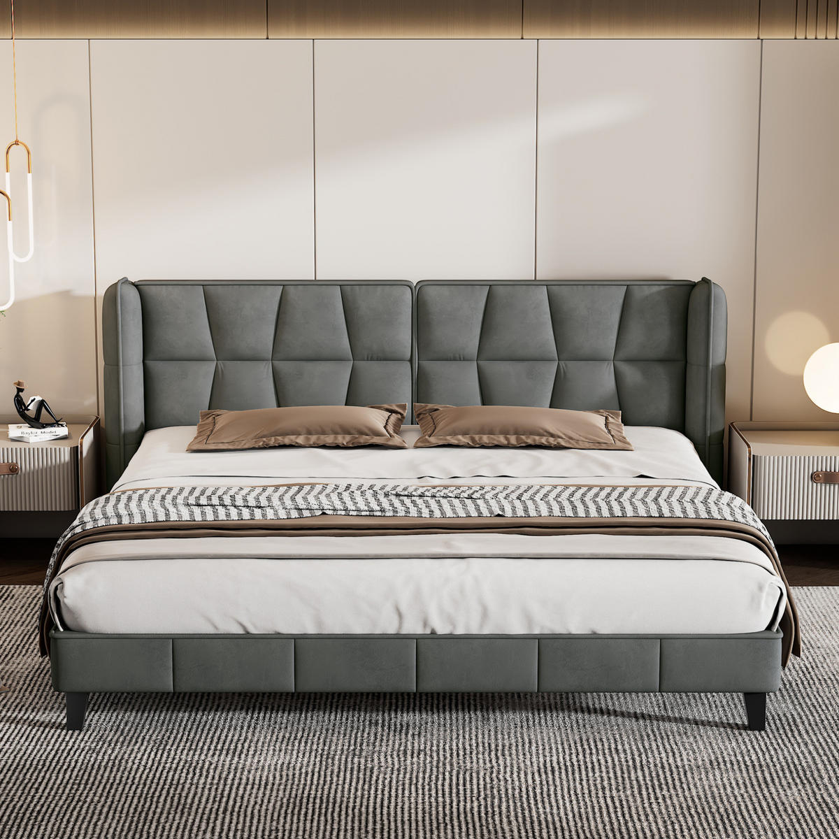 POLSTERBETT 180/200 cm mit Lattenrost & gepolstertem Kopfteil, Samt Grau - Grau, Textil (180/200cm) - Redom