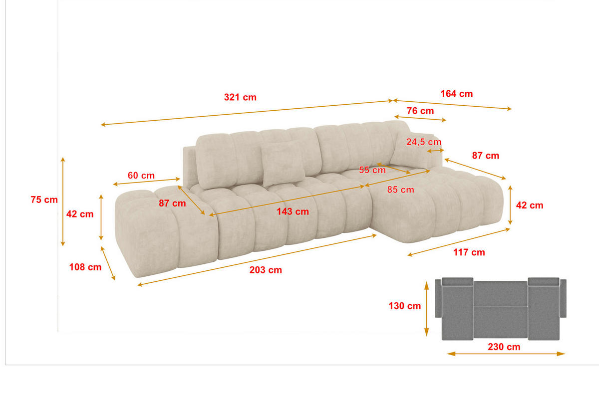 ECKSOFA mit Schlaffunktion Ottomane RECHTS OLEA-L2 321x164x75 Beige Velours - Sandfarben/Schwarz, Holzwerkstoff/Kunststoff (164/321cm) - ALTDECOR