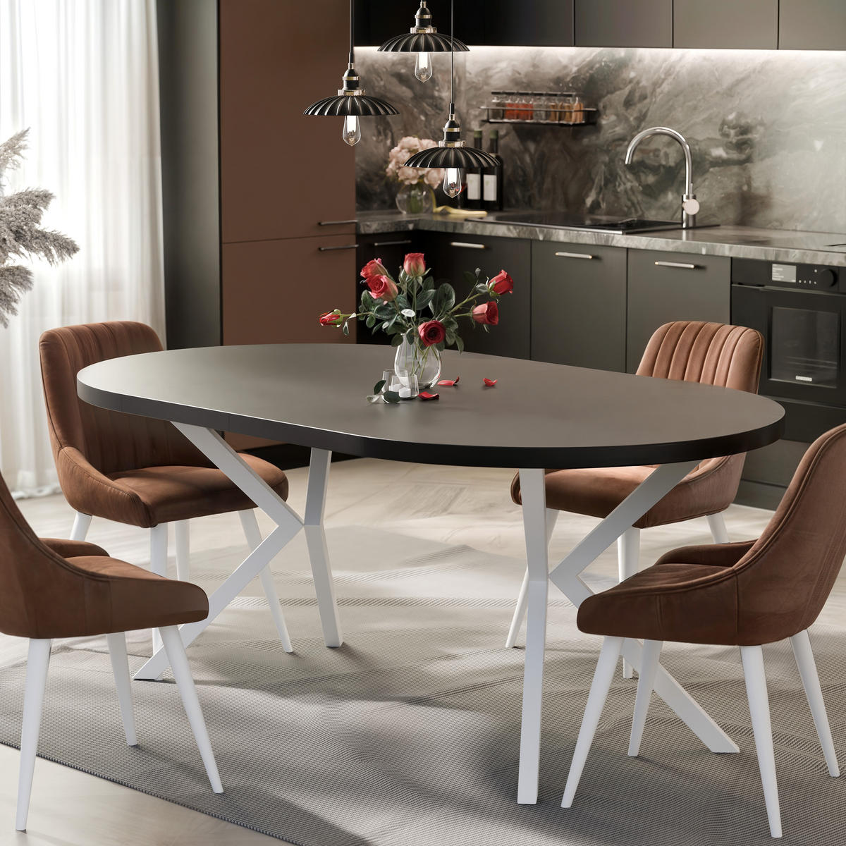 AUSZIEHTISCH MILTON 90-166/76 cm mit Metallgestell, Weiß / Schwarz Molet - Schwarz/Weiß, Holzwerkstoff/Metall (90/90/76cm) - Idohome