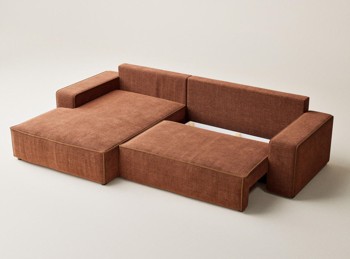 ECKSOFA MIT SCHLAFFUNKTION Modo Grau Chenille-Stoff - Links Seite - Rostfarben/Schwarz, Holz/Holzwerkstoff (185/294cm) - Maison de Reve