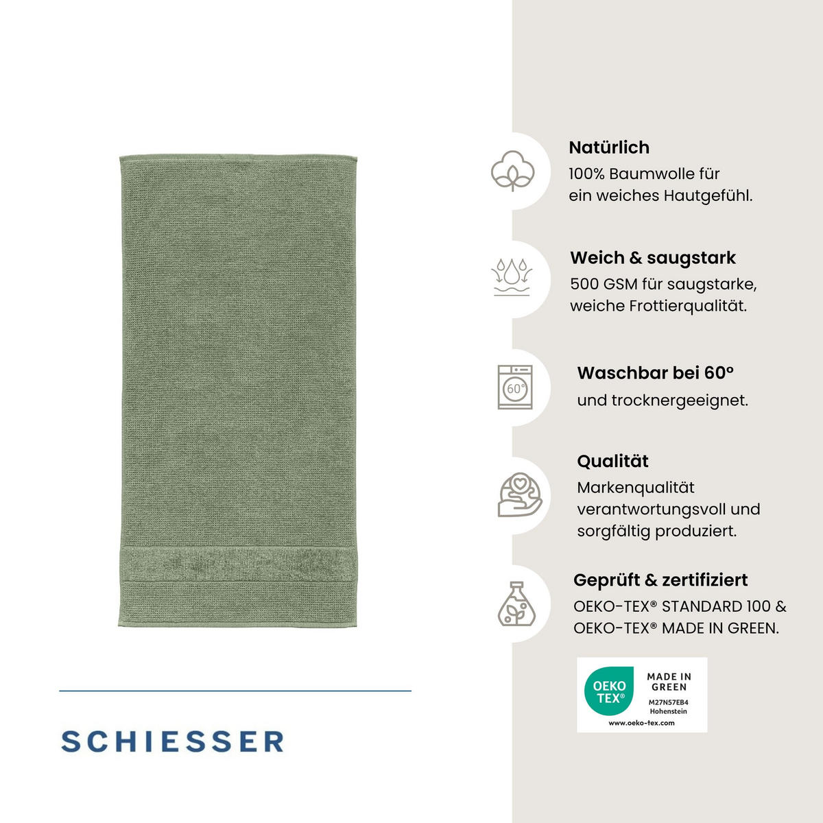 HANDTUCHSET Turin - 4-teilig - 50x100 cm - Grün - Grün, Textil (50/100cm) - SCHIESSER