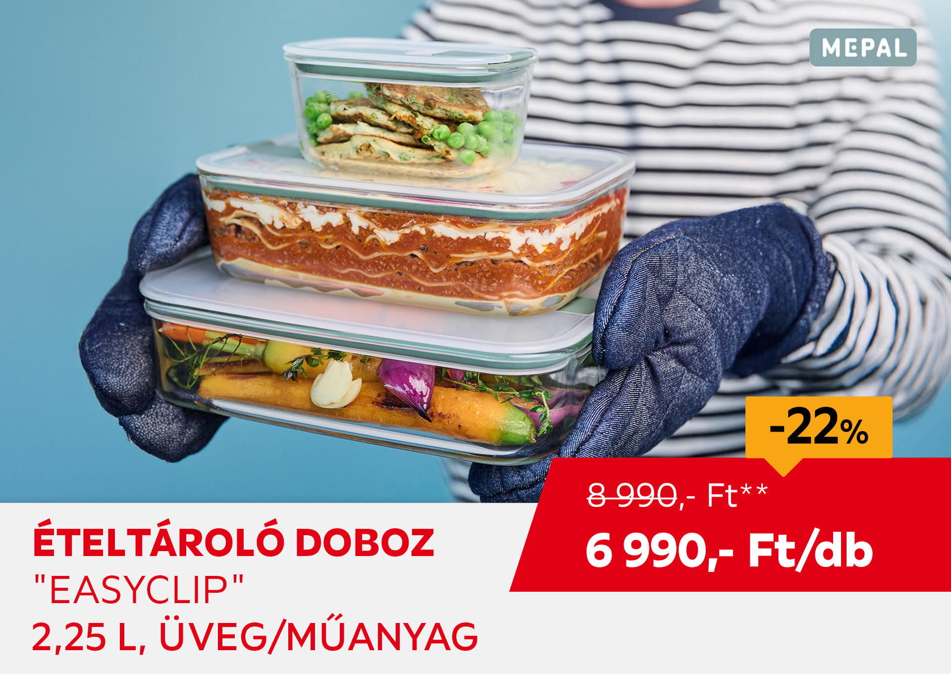 Ételtároló doboz "Easyclip", 2,25 l, üveg/műanyag,  Kiemelt termék 8990 Ft.- helyett 6990 Ft.-