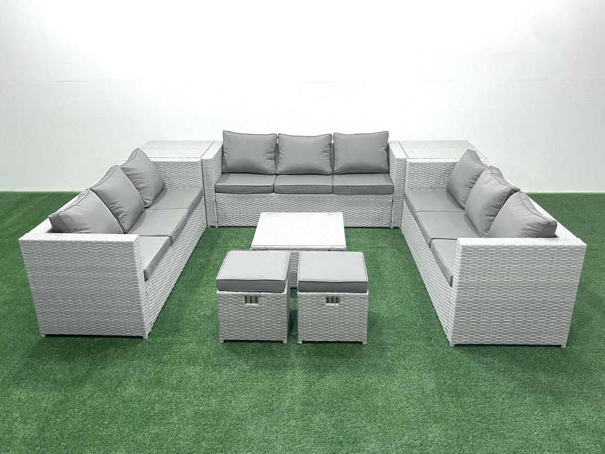 GARTENMÖBELSET mit 3-SITZER SOFA,COUCHTISCH Polyrattan Hellgrau-Mix 11-Sitzer - Hellgrau/Grau, Glas/Kunststoff - Fimous
