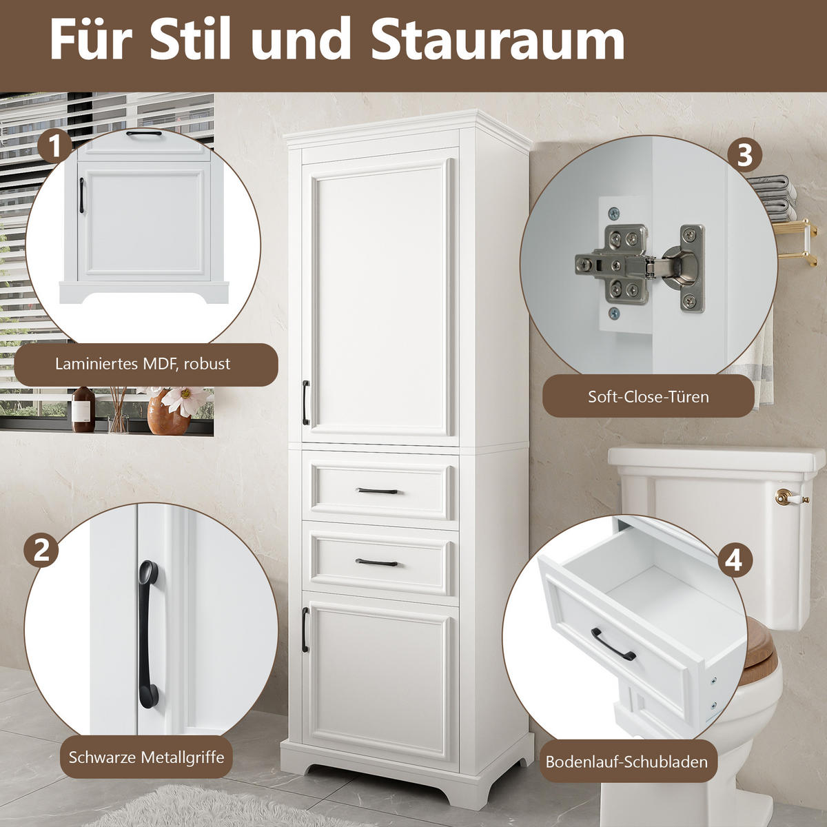 HOCHSCHRANK 60/39.9/180.3 cm Weiß mit 2 Schubladen und 2 Schränken - Schwarz/Weiß, Holz/Holzwerkstoff (40/180/60cm) - Oxeza