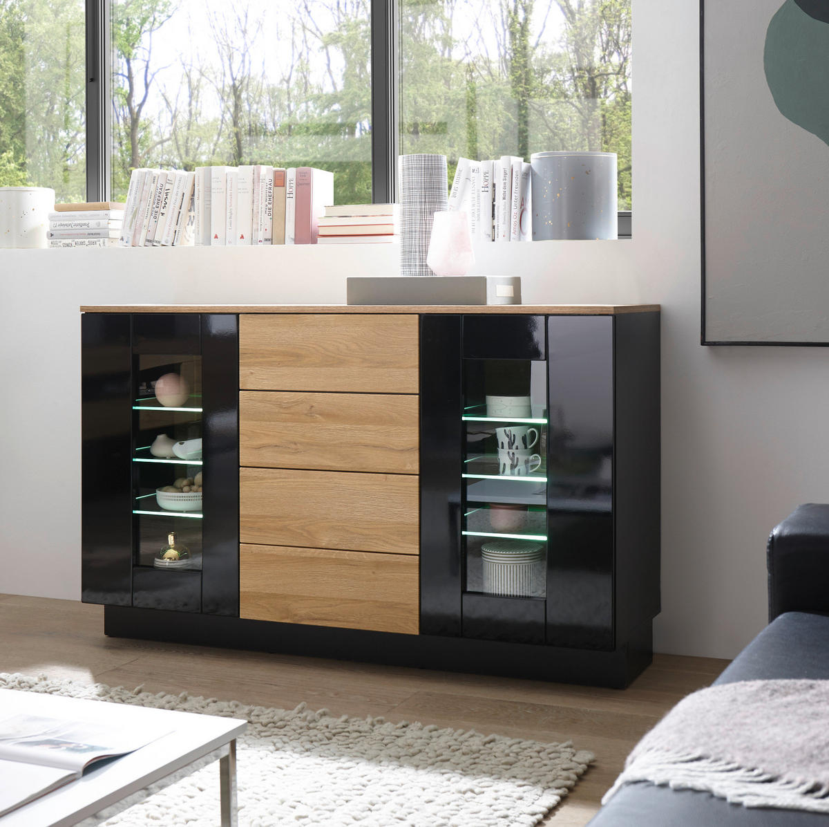SIDEBOARD schwarz Hochglanz, Grandson Eiche, Kommode 136 x 85 cm - Schwarz Hochglanz/Eichefarben, Glas/Holzwerkstoff (136/85/43cm) - Furn.Design
