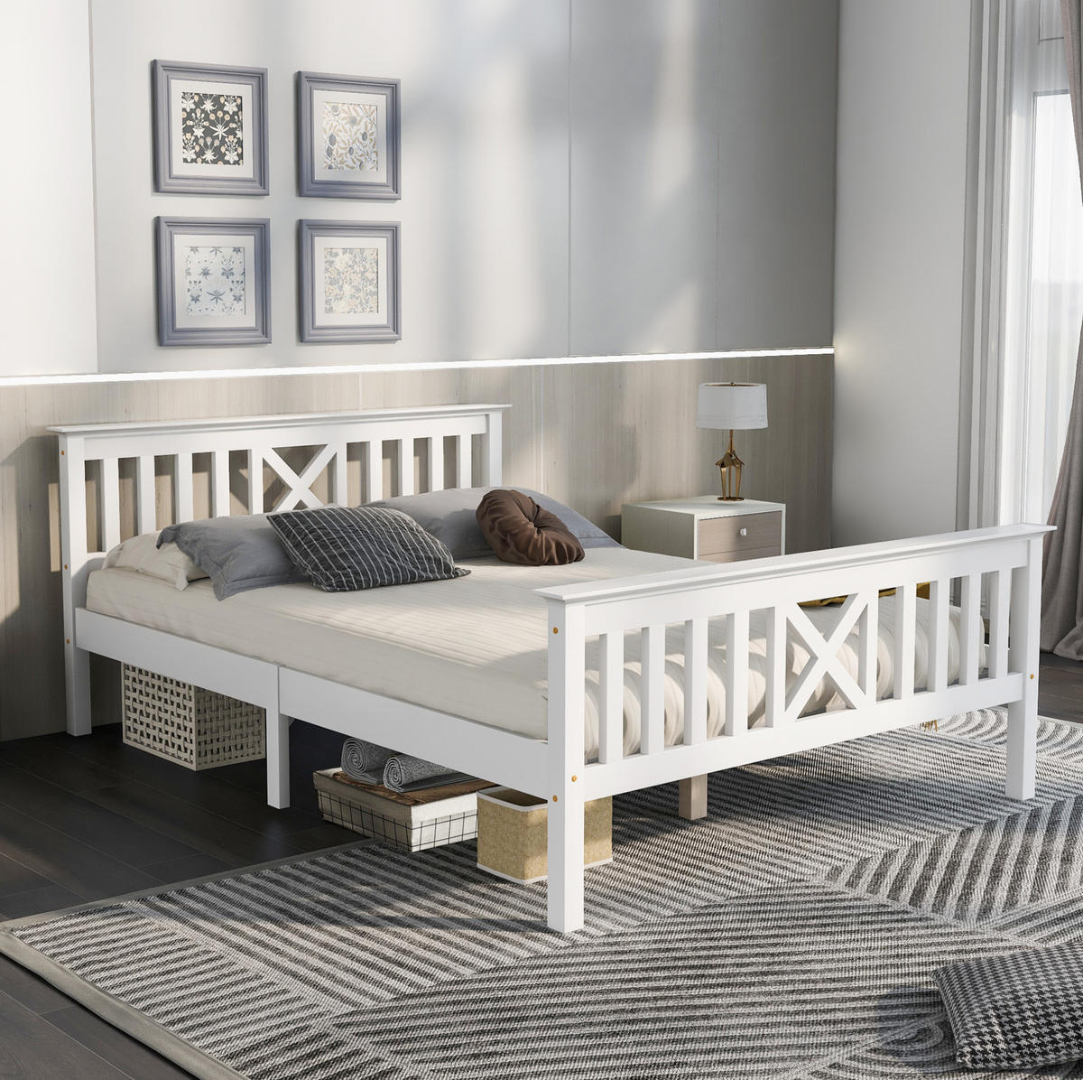 DOPPELBETT aus Kiefer-Massivholz 140x200 cm Weiß mit Lattenrost und X-förmigem Kopfteil - Weiß, Holz (140/200cm) - IVMEU