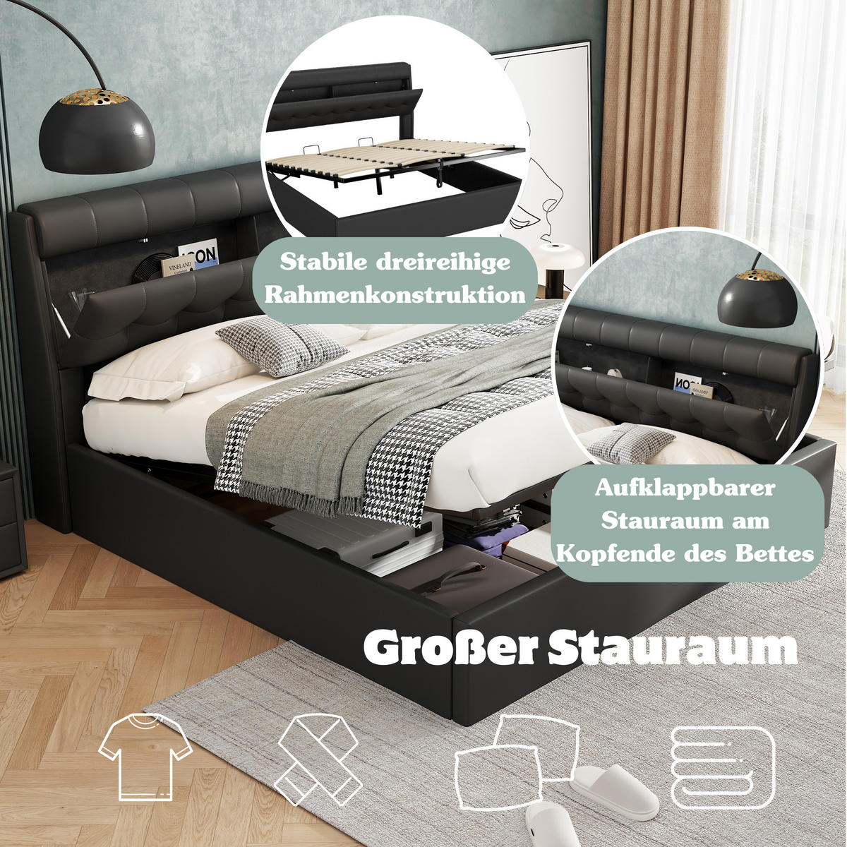 POLSTERBETT 180x200cm Schwarz PU Mit Hydraulik & Verdecktem Stauraum - Schwarz, Leder (180/200cm) - FLIEKS