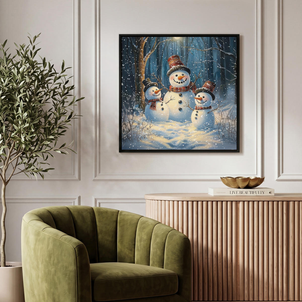 LEINWAND Bilder mit Rahmen - Schneemann - Schnee - Winter - Wald - 50x50 - Hellblau, Textil (50/50cm) - MuchoWow