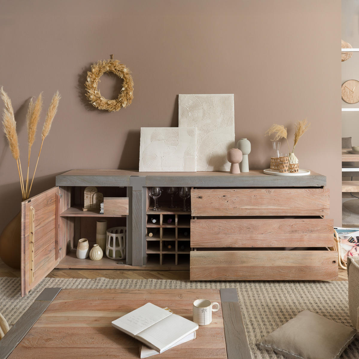 SIDEBOARD Akazie 215x45x75 beige lackiert Amsterdam #129 - Beige, Holz (215/75/45cm) - Massivmoebel24