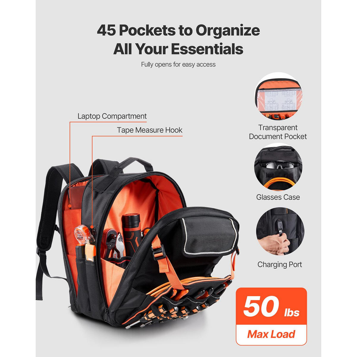 WERKZEUGTASCHE Profi Werkzeugrucksack 45 Taschen mit Laptopfach und verstärktem Stoffboden - Naturfarben, Metall (10/10/10cm) - Raelunyi