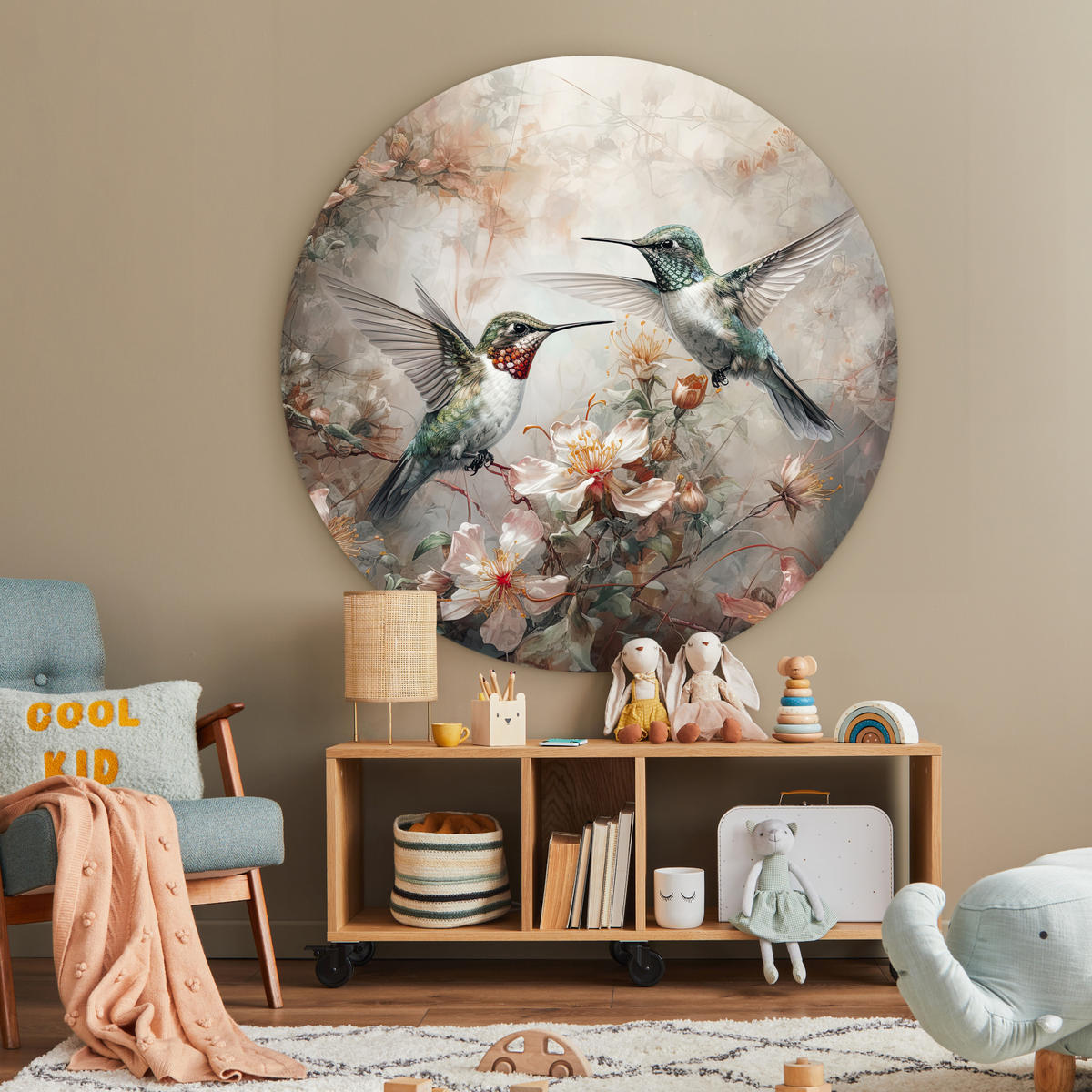 WANDBILD Kolibri - Vögel - Blumen - Pflanzen Deko Groß 150x150 cm - Hellgrün, Kunststoff (150/150cm) - MuchoWow
