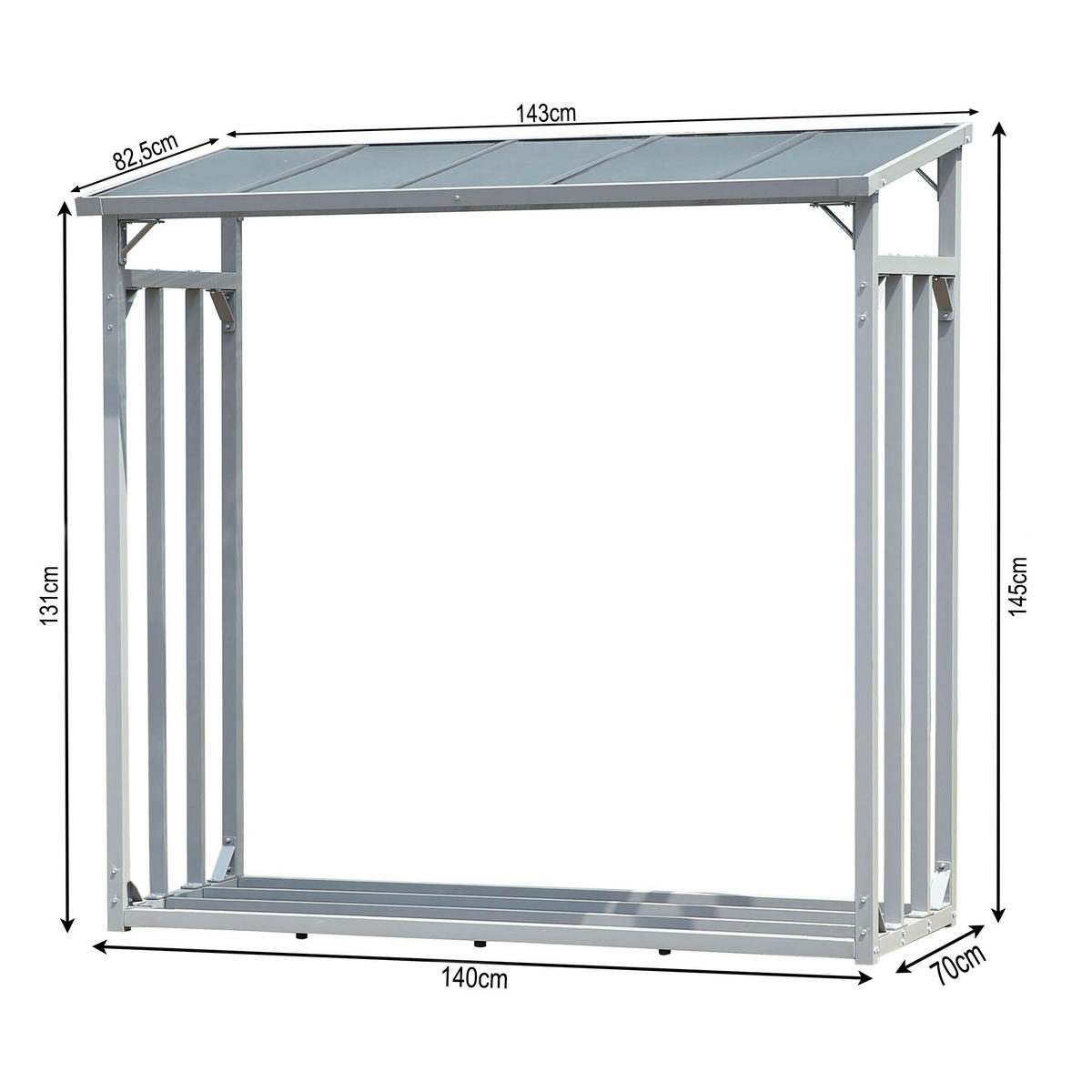 KAMINHOLZREGAL Außen 143x70x145 cm Aluminium Grau mit Wetterschutz 1,6 m³ / 2,5 SRM - Schwarz/Grau, Metall (143/145/70cm) - QUICK STAR