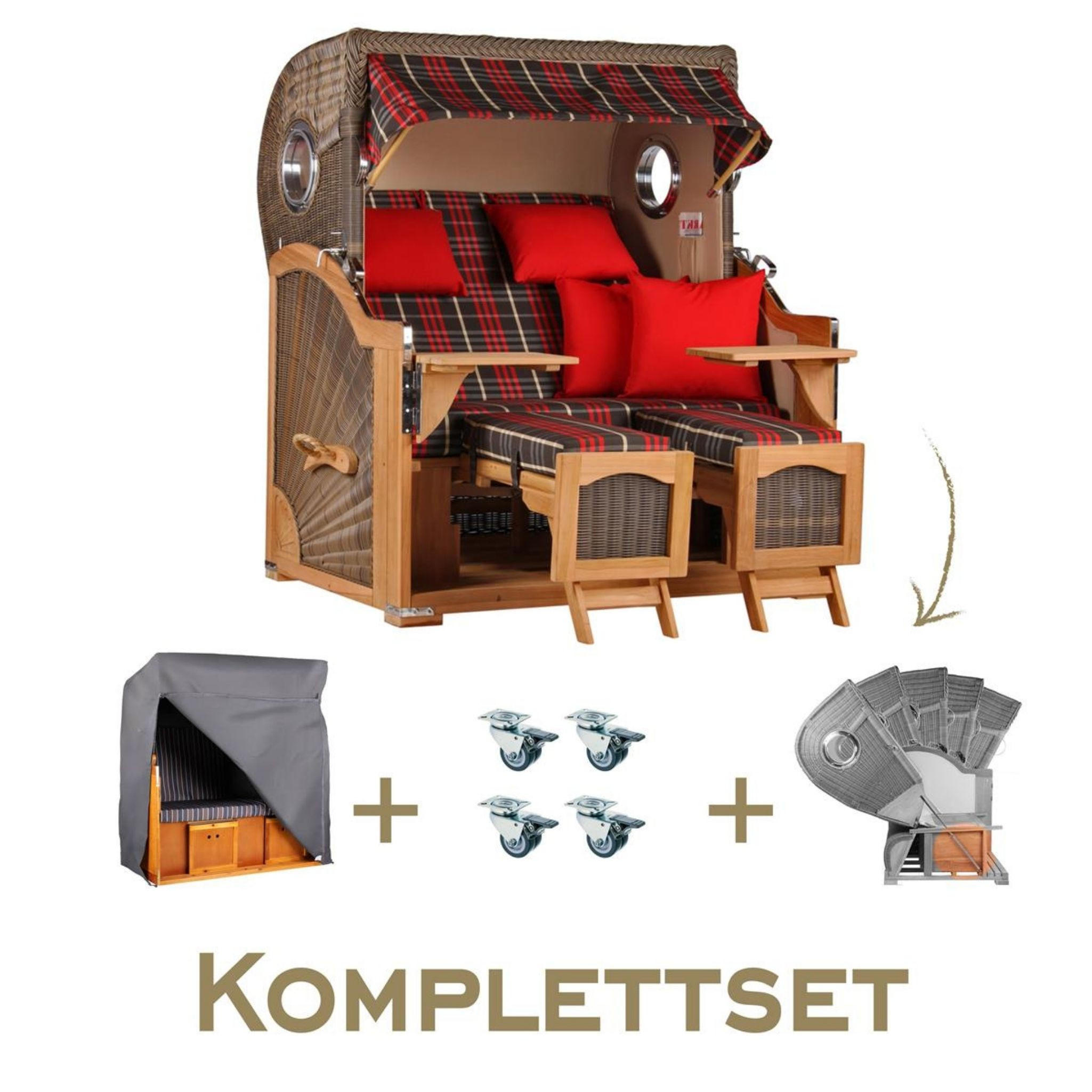 STRANDKORB Komplettset Düne Grande Teak Bullauge PE Grey Dessin 529 - Rot/Braun, Naturmaterialien/Metall (142/170/95cm) - Mr. Deko