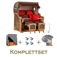 STRANDKORB Komplettset Düne Grande Teak Bullauge PE Grey Dessin 529 - Rot/Braun, Naturmaterialien/Metall (142/170/95cm) - Mr. Deko