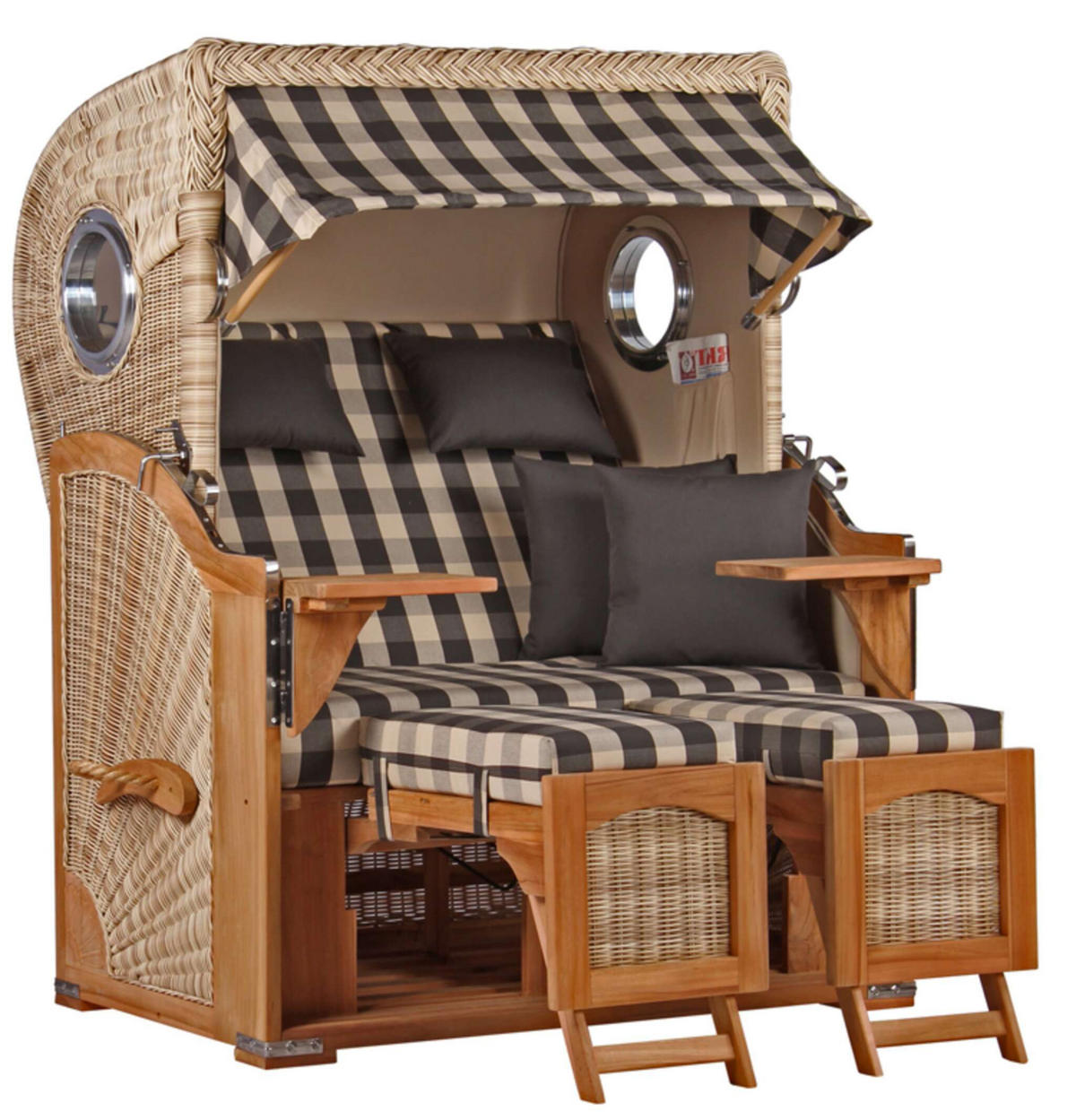 STRANDKORB Komplettset Düne Teak PE Shell Dessin 505 - Braun, Naturmaterialien/Metall (125/170/80cm) - Mr. Deko