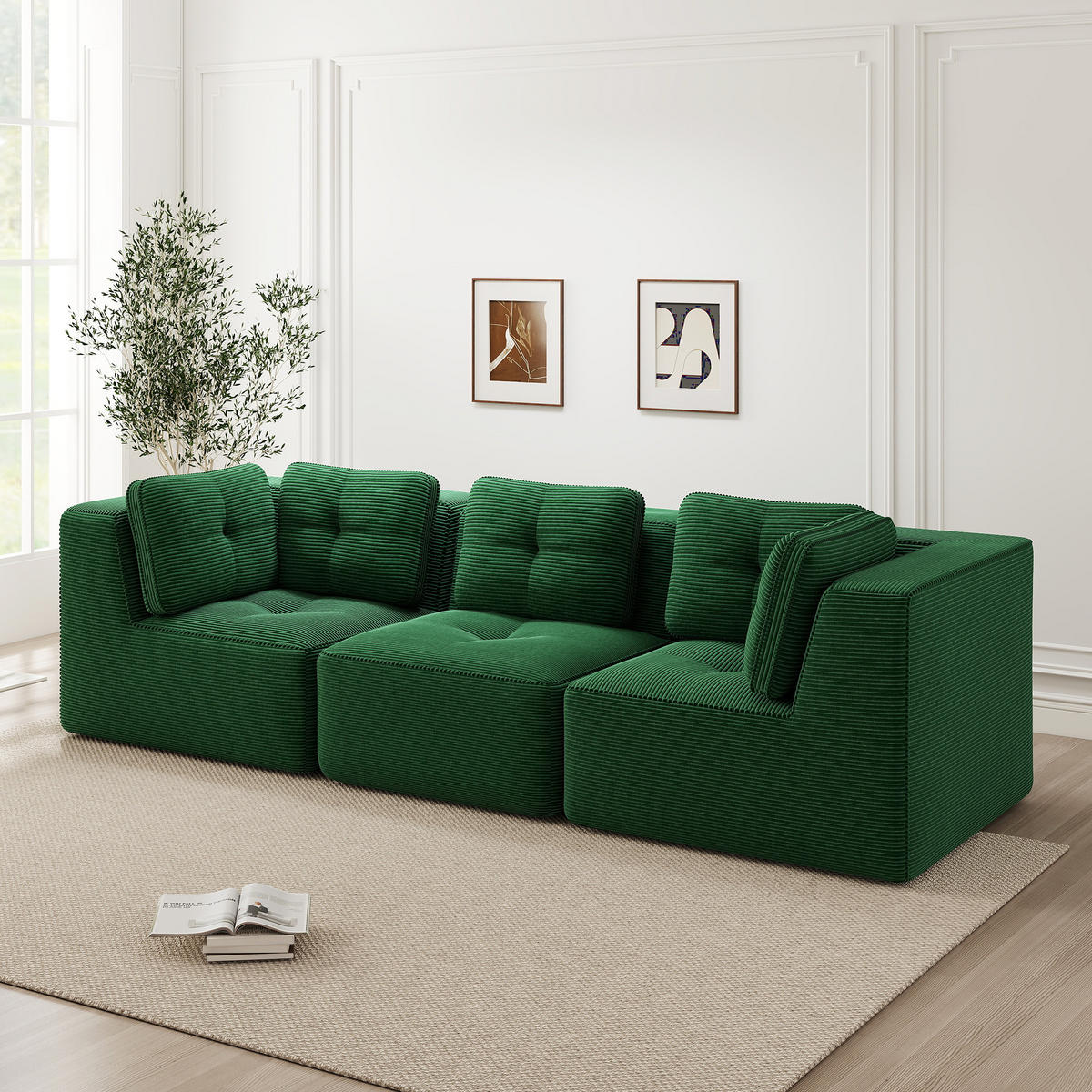 3-SITZER Sofa 297x104x69 cm aus Cordstoff rahmenlos modular, grün - Grün, Textil (104/69/297cm)