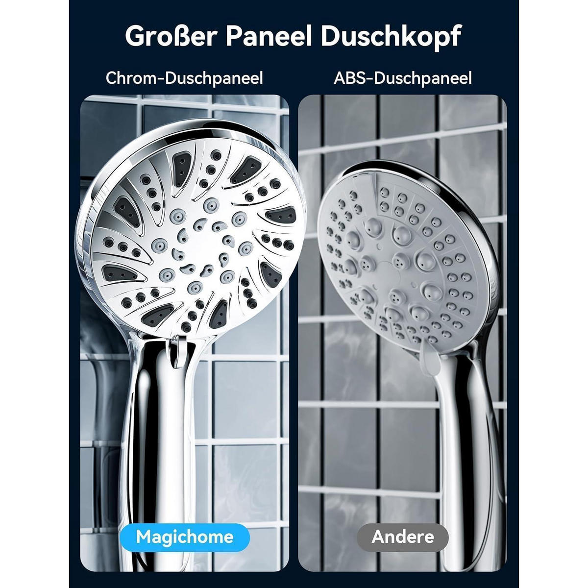 HANDBRAUSE Set mit Schlauch 59 Zoll 5 Strahlarten Hochdruck Wassersparend Chrom Silber - Silberfarben, Metall (10.5/12.7/24cm)