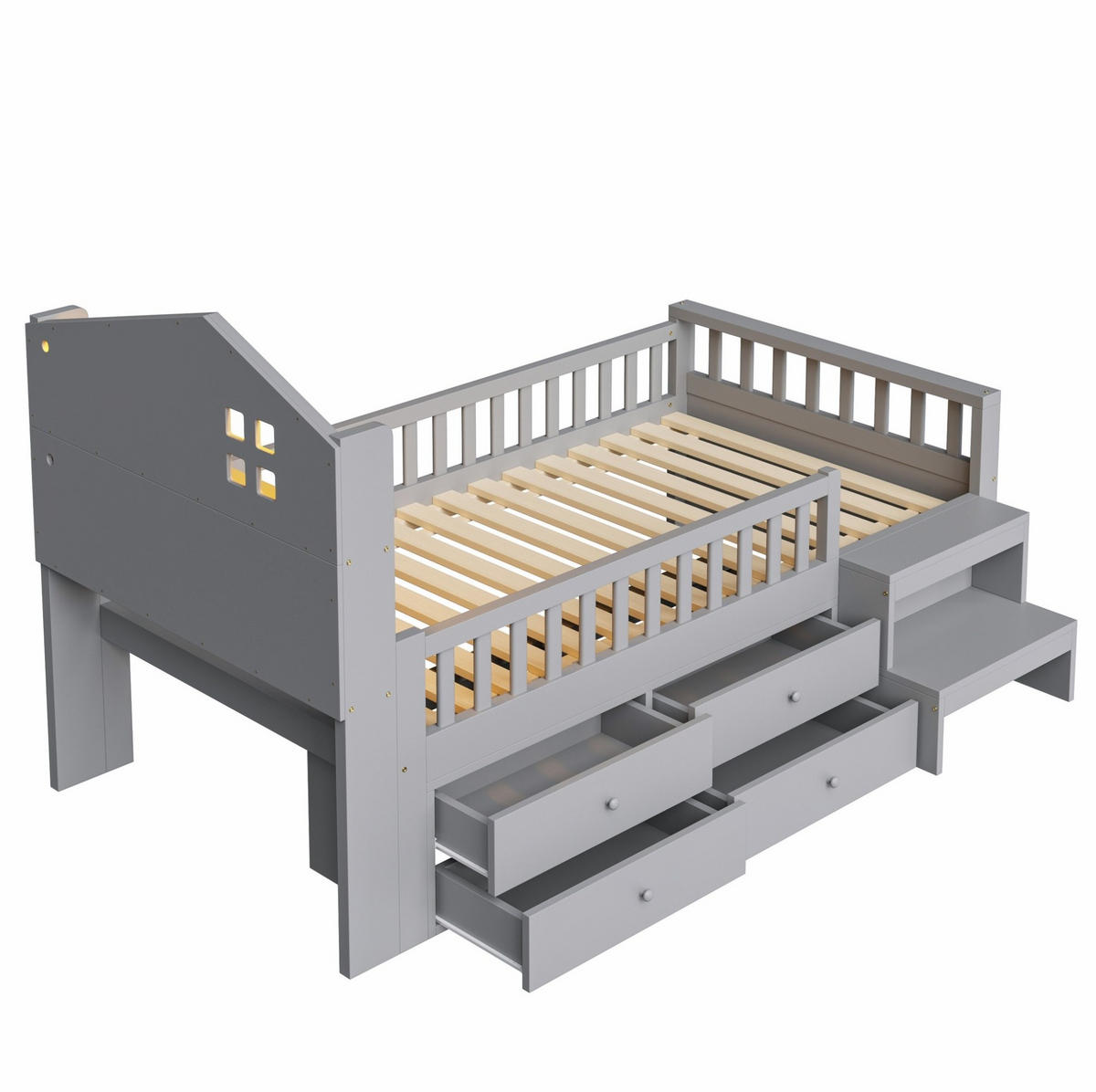 KINDERBETT 90/200 cm grau aus Massivholz mit Schubladen und LED - Grau, Holzwerkstoff (90/200cm) - OKWISH