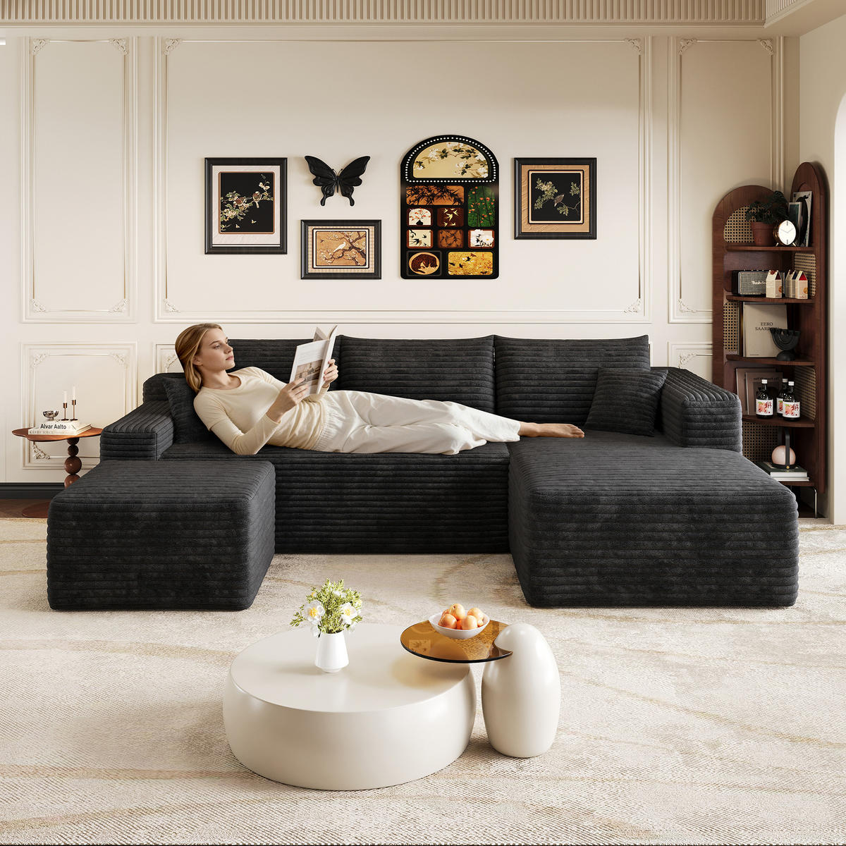 WOHNLANDSCHAFT Cord Schwarz ohne Montage - Schwarz, Textil (241/58/151cm) - WISHDOR