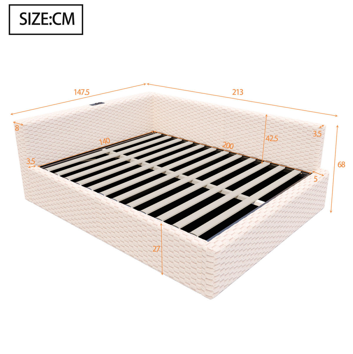 TAPECIRANI krevet 140/200 cm s LED osvjetljenjem, USB i Type-C priključkom te hidrauličnim spremištem, Bež - bež, drvni materijal (140/200cm) - Redom