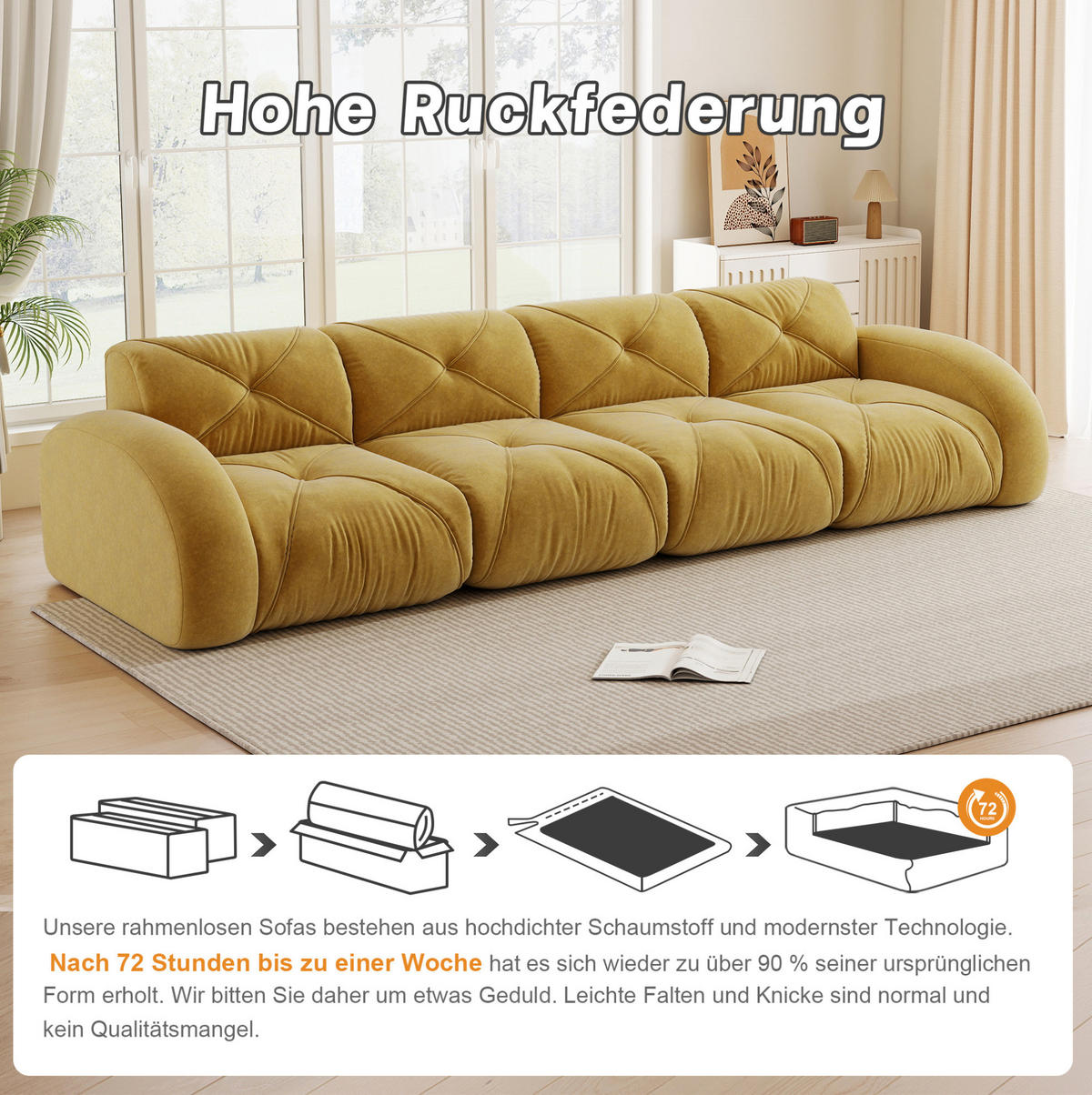 MODULSOFA 4-Sitzer aus Chenille mit rahmenlosem Design Gelb - Gelb, Textil (95/76/358cm) - Modenvie