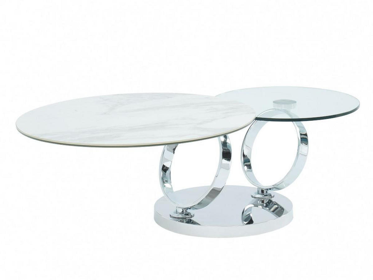 COUCHTISCH mit drehbaren Tischplatten - Keramik & Glas - Weiß mit Marmor-Effekt - JOLINE - Chromfarben, Stein (131.5/80/42cm) - Vente-Unique
