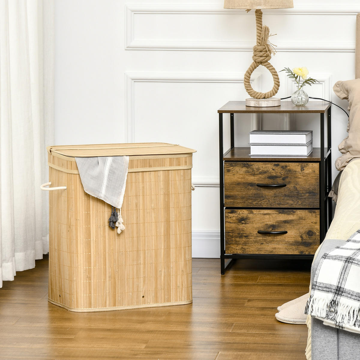 WÄSCHEKORB mit Deckel 90 L, Natur - Naturfarben, Naturmaterialien (54.2/59.5/35.2cm) - HOMCOM