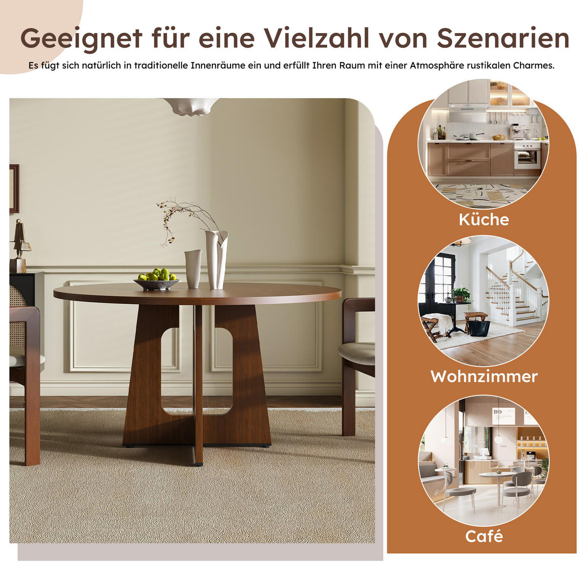 ESSTISCH Nussbaumfarben aus MDF rund Ø120cm mit justierbaren rutschfesten Tischfüßen - Nussbaumfarben, Holzwerkstoff (120/120/76cm) - Luhomfu
