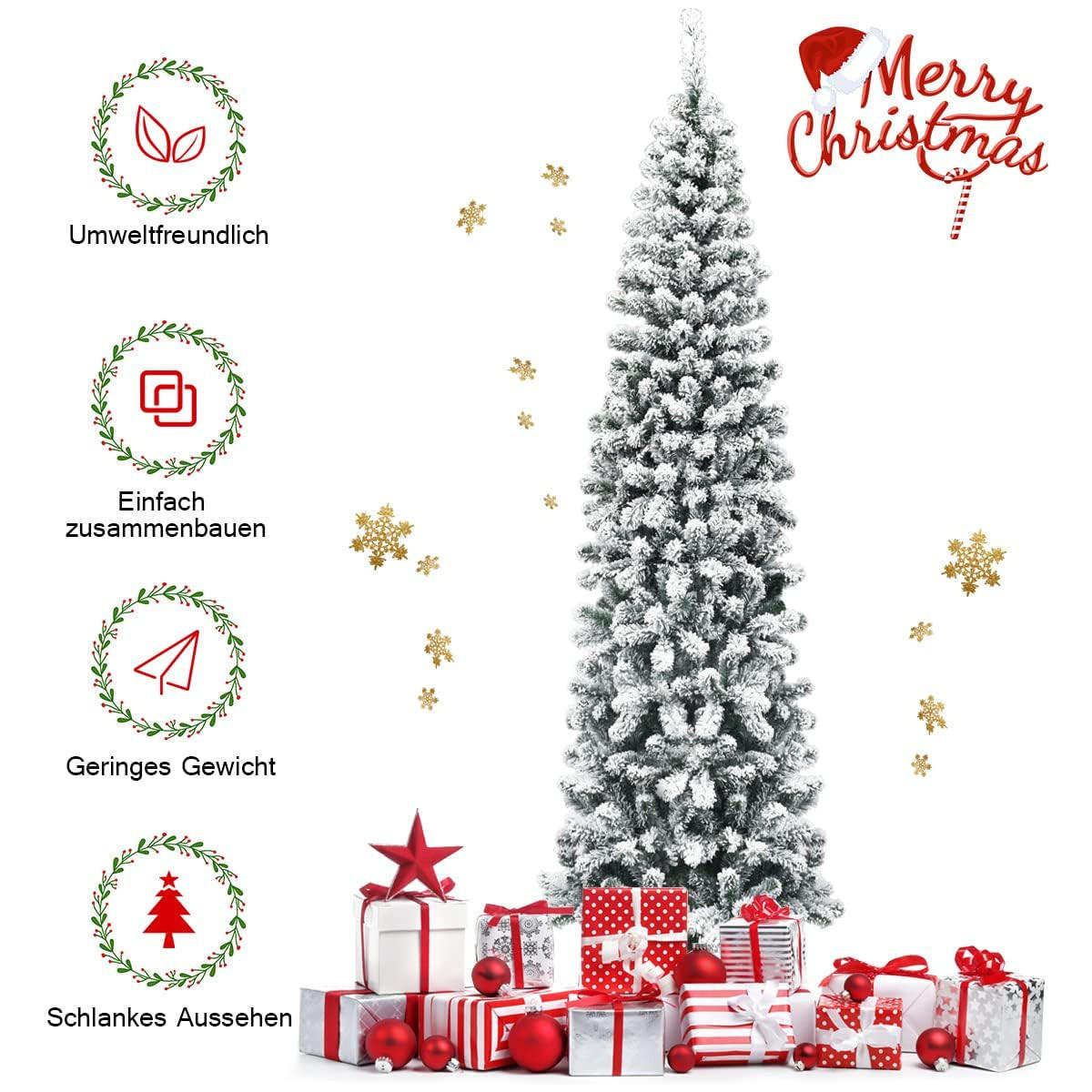 WEIHNACHTSBAUM Bleistiftform mit Schnee 225 cm grün - Grün, Metall (225cm) - COSTWAY