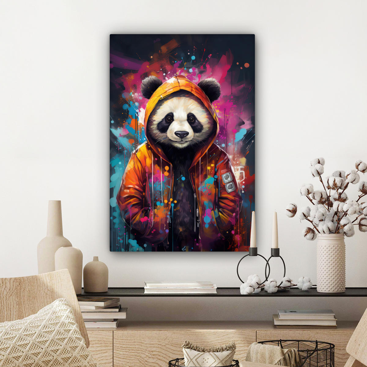 LEINWANDBILD Panda - Jacke - Graffiti - Orange 60x90 cm - Orange, Textil (60/90cm) - MuchoWow