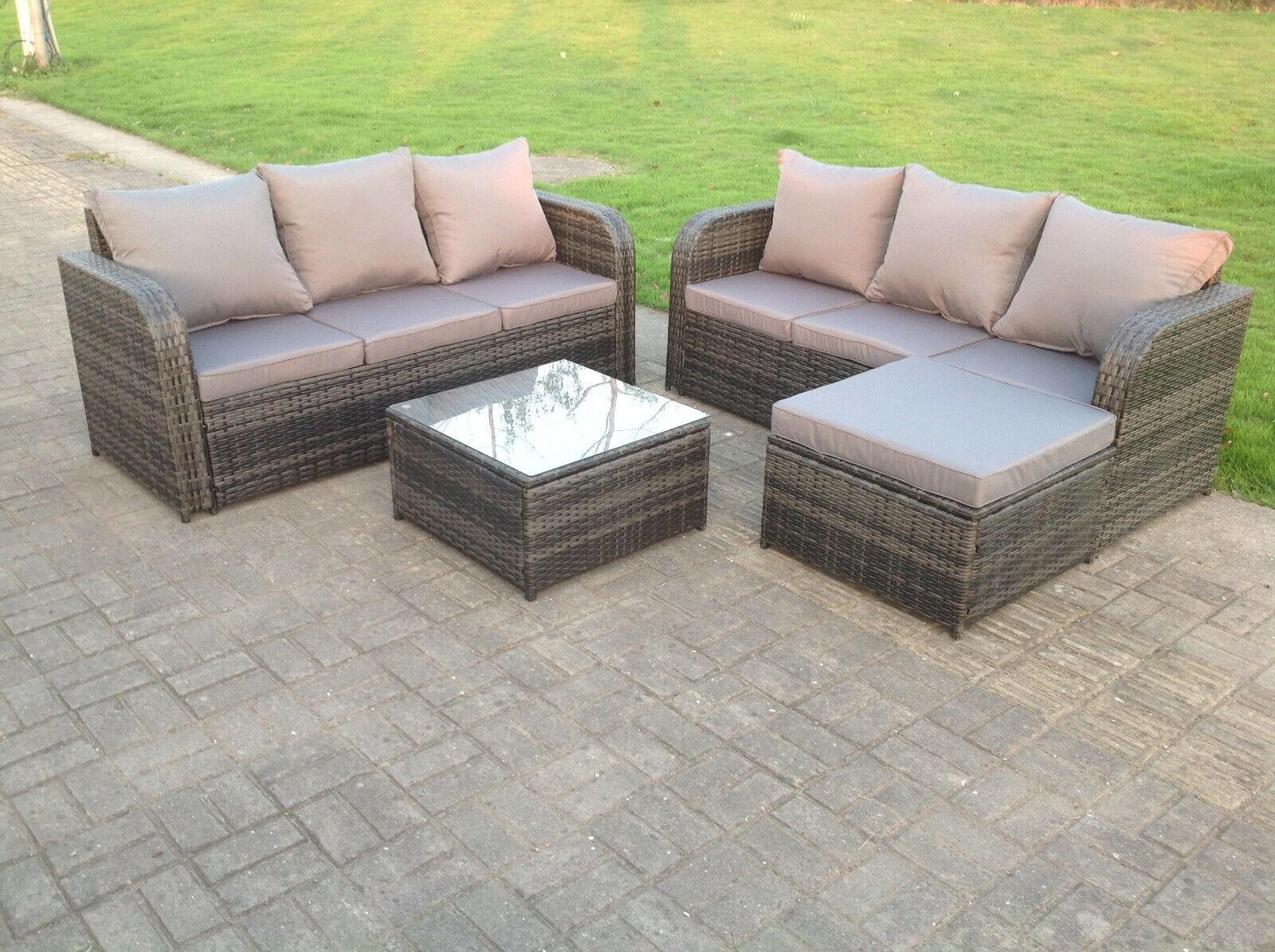 GARTENMÖBELSET mit Couchtisch Polyrattan 7-Sitzer - Dunkelgrau/Grau, Glas/Kunststoff - Fimous