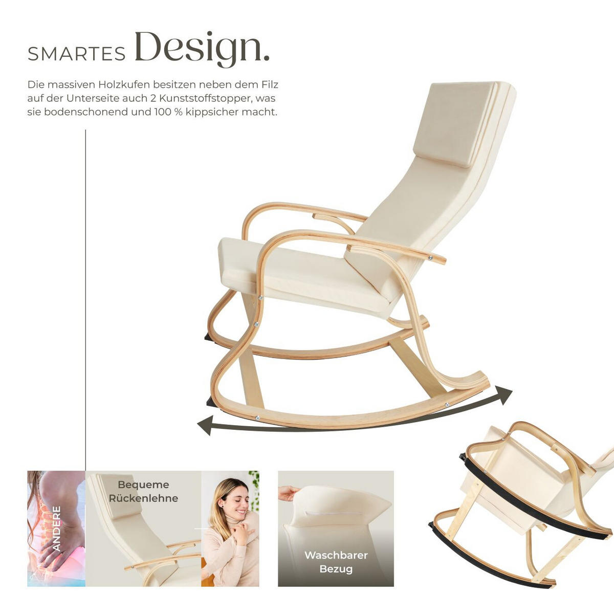 SCHAUKELSTUHL Roca,65 x 94 x 100 cm,beige - Beige, Holz (65/100/94cm) - tectake