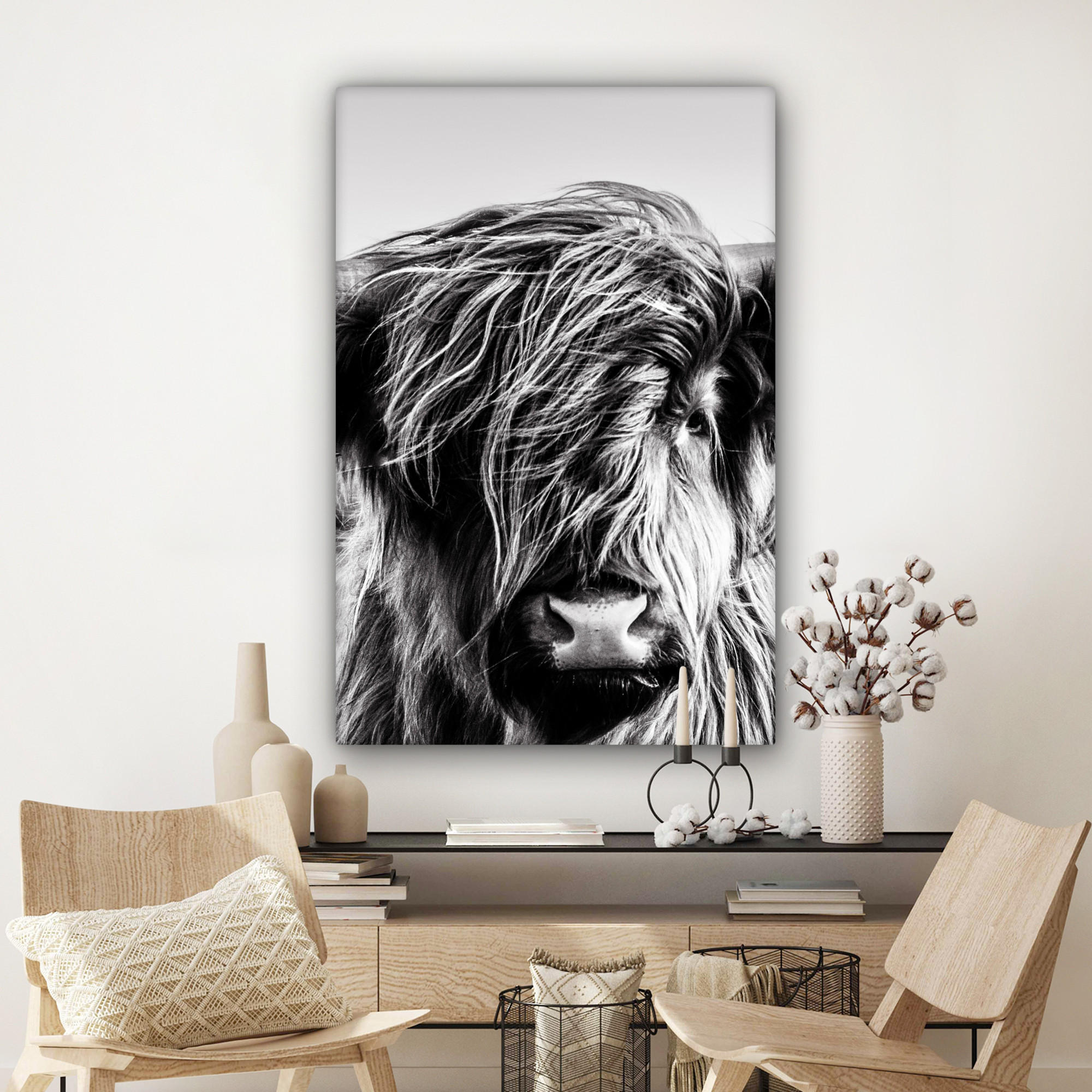 LEINWANDBILD Kuh - Schottischer Hochländer - Schwarz - Weiß - Tier - Natur - Wildtiere 90x140 cm - Schwarz, Textil (90/140cm) - MuchoWow