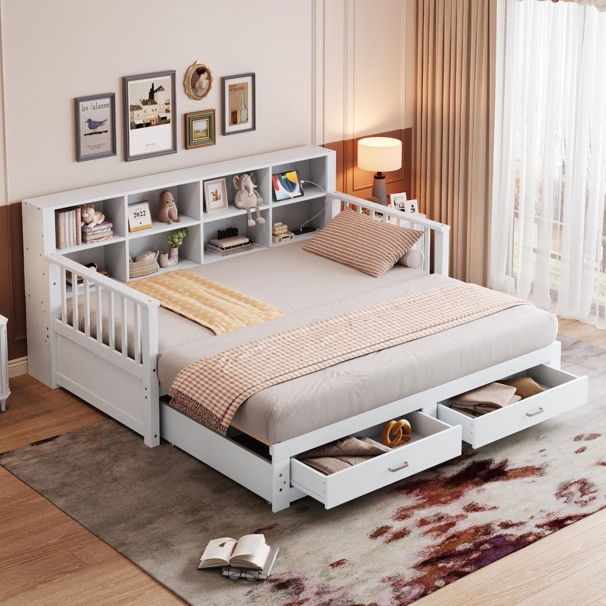 MULTIFUNKTIONSBETT 90/190 cm weiß aus Holz mit Ausziehfunktion und Stauraum - Weiß, Holzwerkstoff (90/190cm) - OKWISH